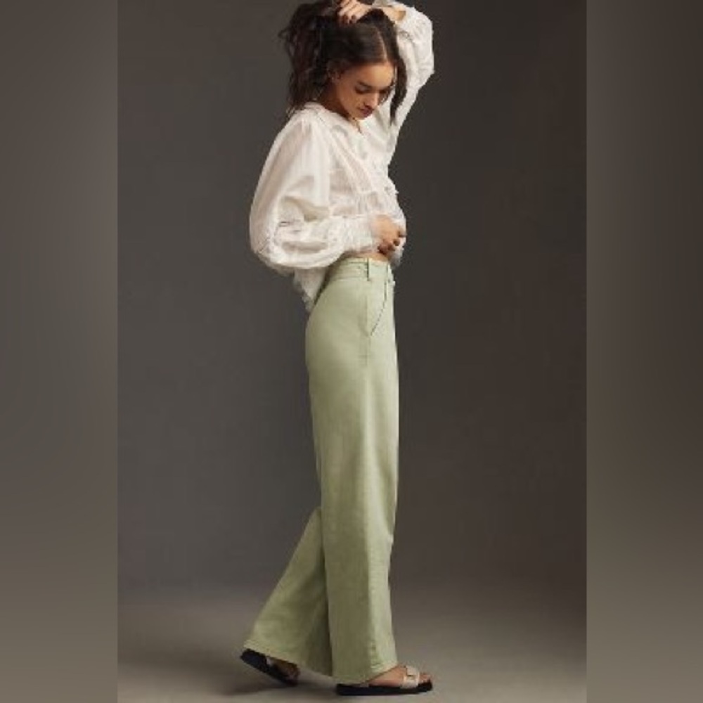 ANTHROPOLOGIE GREEN JEANS!! PILCRO EVENTIDE TROUSER HIGH-RISE WIDE-LEG JEANS